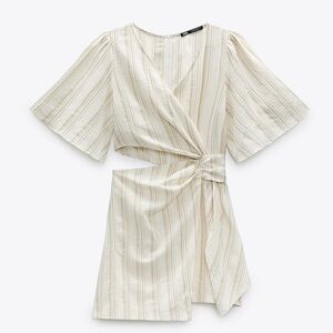 Zara linen wrap cutout resort dress medium cream short sleeve